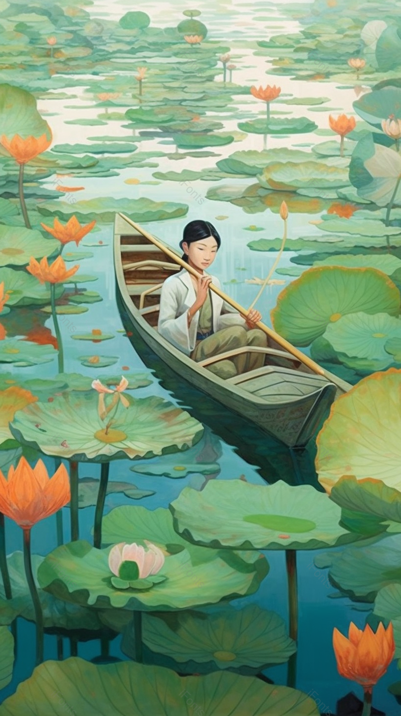 绿色的荷叶中划船的女孩和荷花池塘,插画/手绘图,插画/手绘图库,插画/手绘图下载,插画/手绘